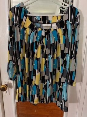 Worthington Black Tunic with Yellow, Teal, Gray & White Geometric Print